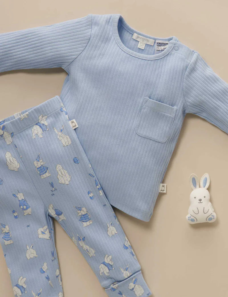 Rib PJ Set & Bunny Toy (Icicle)