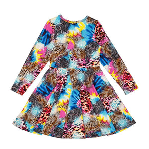 ABSTRACT LEOPARD LONG SLEEVE WAISTED DRESS