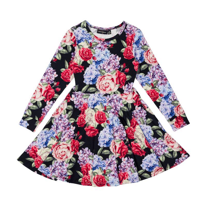 MIDNIGHT FLORALS LS WAISTED DRESS