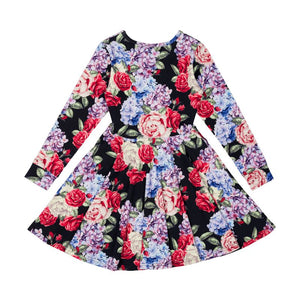 MIDNIGHT FLORALS LS WAISTED DRESS