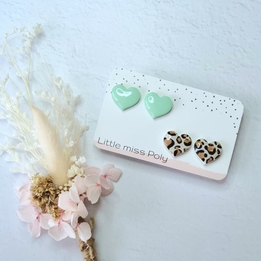 Resin Heart Studs (Leopard/Mint)