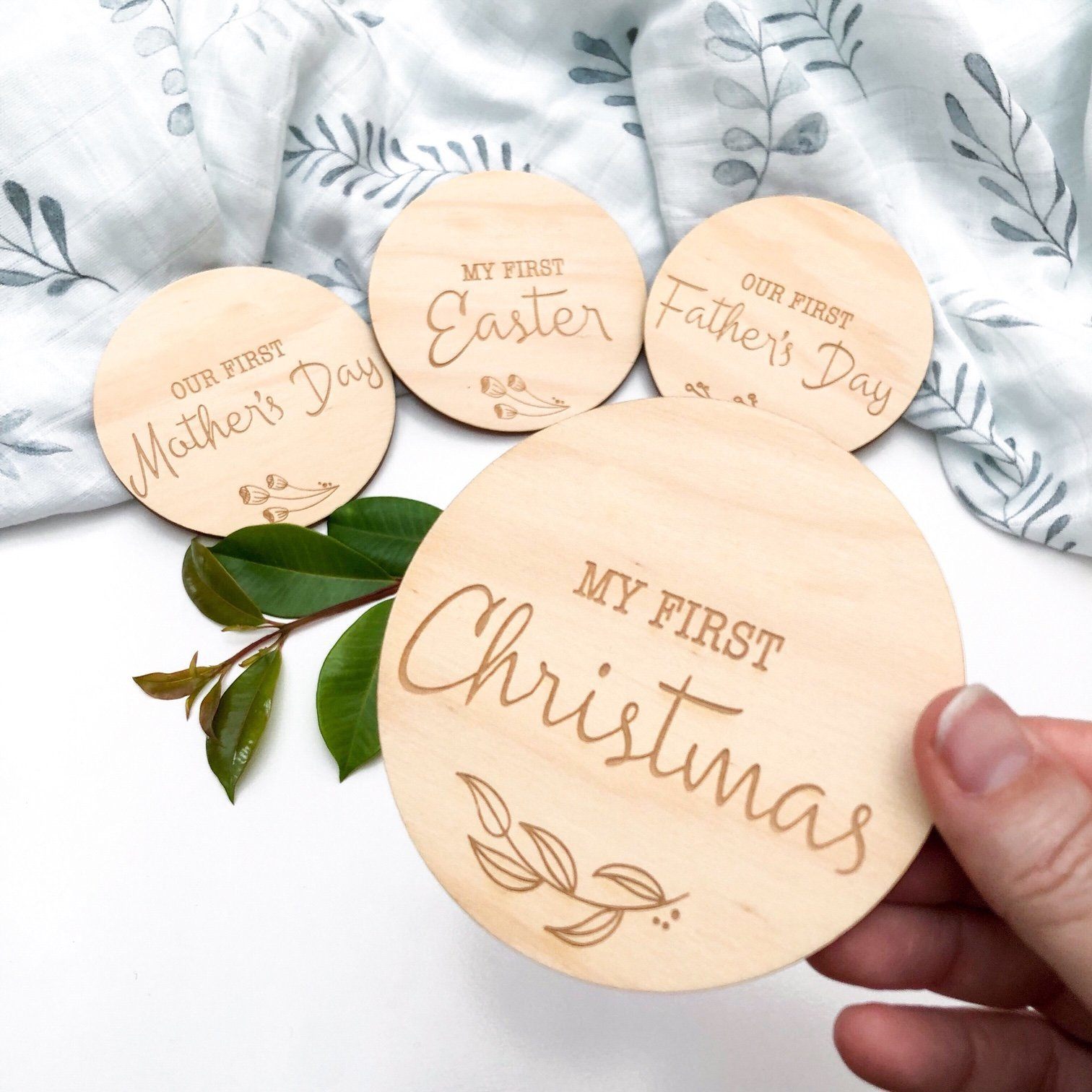 First Christmas Wooden Plaque (Natural Foliage)